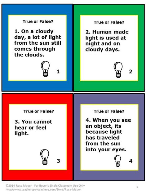 Light: From Sun to Bulbs True or False Task Cards and Worksheet