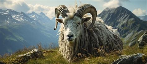 Premium AI Image | Mountain white goat with long horns on the ...