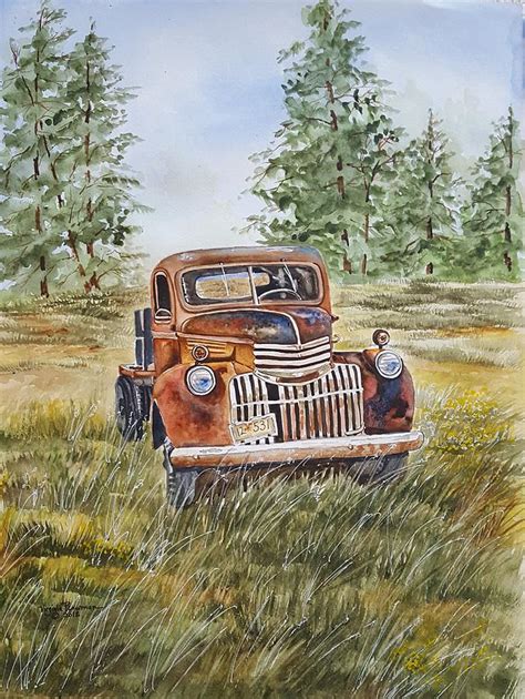 Old red vintage truck Painting by Virginia Plowman