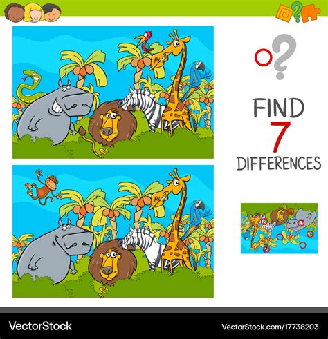 Spot the differences game with safari animals Vector Image