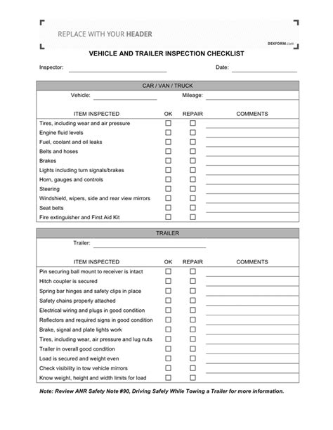 Vehicle and trailer inspection checklist in Word and Pdf formats