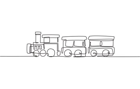 Single continuous line drawing of a locomotive train with two carriages ...