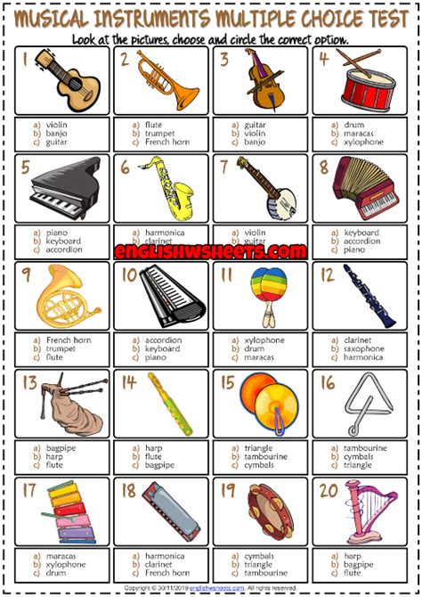 Musical Instruments ESL Printable Multiple Choice Test For Kids