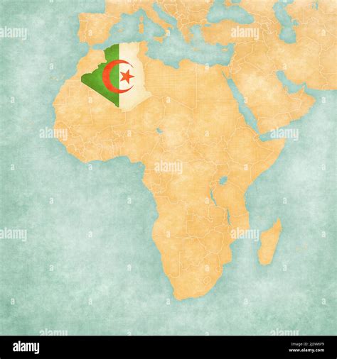 Algeria (Algerian flag) on the map of Africa. The Map is in vintage summer style and sunny mood ...