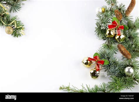 Merry Christmas Greetings card. Top view of Christmas decorations on white background Stock ...