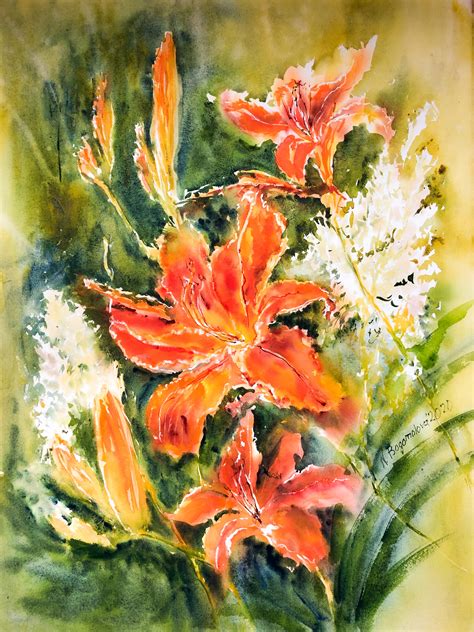 Tiger lilies painting. Watercolor flowers – Nadezhda Bogomolova