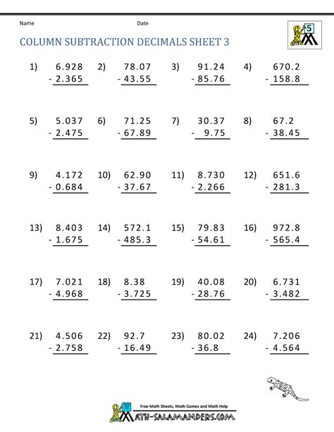 5th Grade Math Practice Subtracing Decimals