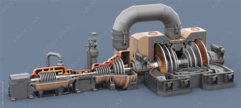 Steam turbine model. Axle with impellers. High pressure turbine, medium ...