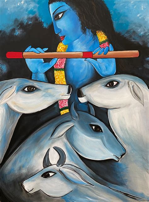 Krishna Acrylic Painting Lord Krishna with Cows Large | Etsy