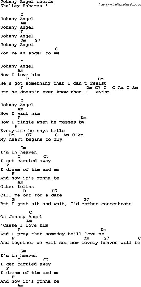 Song lyrics with guitar chords for Johnny Angel