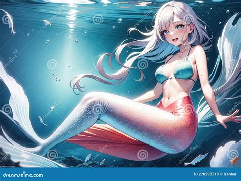 Mermaid Fish Tail Attractive Anime Girl Manga Style Illustration Generative Ai Stock ...