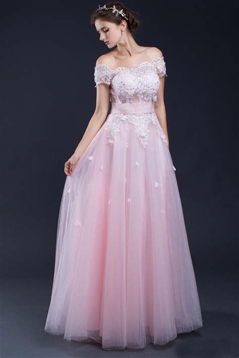 A Line Off The Shoulder Long Light Pink Tulle Lace Prom Dress With Flowers