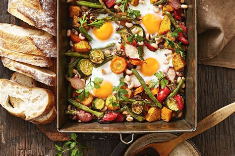 Harissa vegetable and egg tray bake