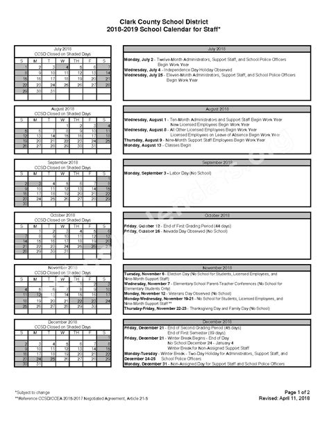 2018 - 2019 School Calendar for Staff | Clark County School District ...