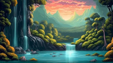 Premium AI Image | Waterfall and forest illustration