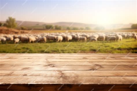 Premium AI Image | Empty wooden table top with blurred sheep farm ...