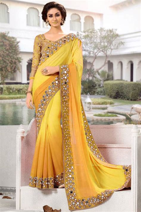 Buy Yellow mirror work georgette saree with blouse Online