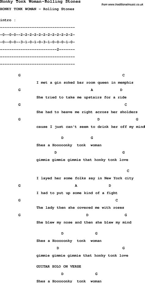 Blues Guitar lesson for Honky Tonk Woman-Rolling Stones, with Chords, Tabs, and Lyrics