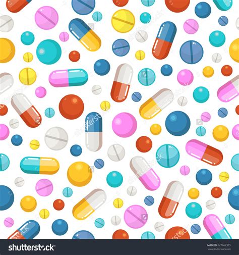 Vector seamless pattern of pills and other pharmaceutical ellements. Pattern with drug ...