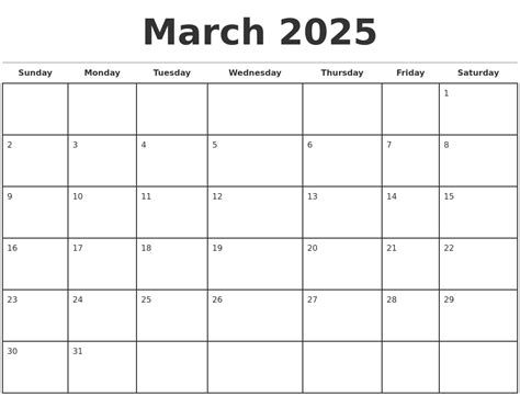 March 2025 Monthly Calendar Template