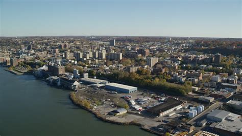 6K stock footage aerial video of the riverfront downtown area of Yonkers, New York in Autumn ...