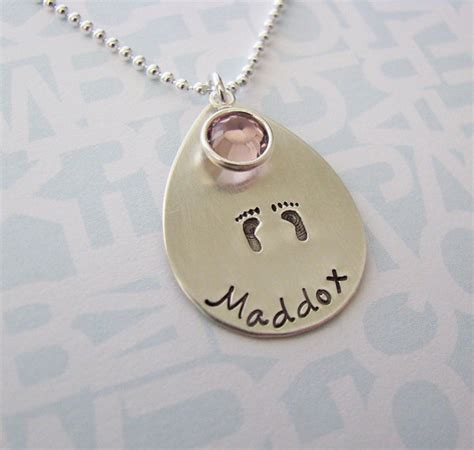 Teardrop Baby Name Necklace With Footprints and Birthstone - Etsy