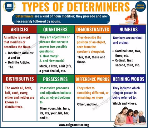 Determiner: Types of Determiners with Useful Examples - ESL Grammar