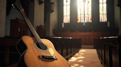 Premium AI Image | Closeup guitar church interior in background Worship ...