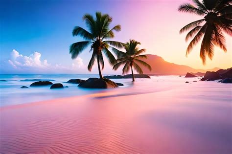 Premium AI Image | Palm trees on a beach with a pink sky and the sun ...