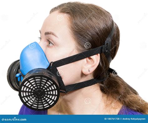 Woman with Respirator Mask, Dust Mask and Safety Mask for Chemical Industry. Side View, Isolated ...