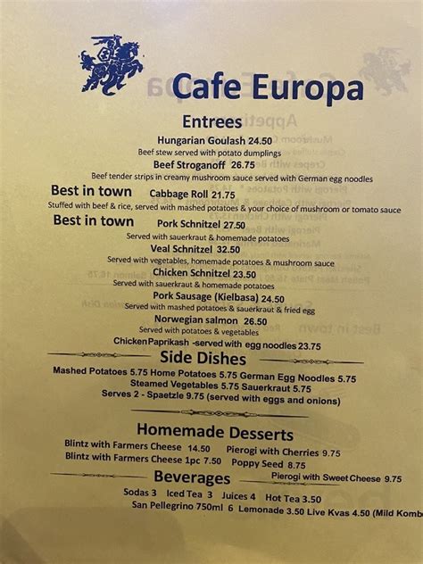 Cafe Europa menu in San Francisco, California, USA