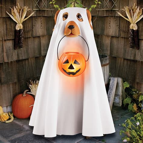 Cute Ghost Dog in Halloween Costume Featuring LED Lighted Trick-or-Treat Basket Hanging from Its ...