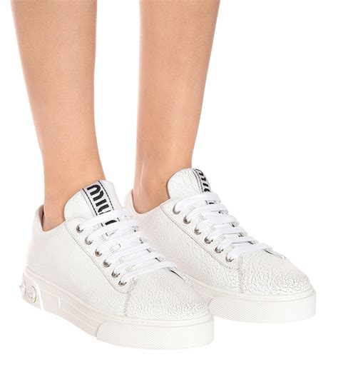 Miu Miu Embellished Leather Sneakers in White - Lyst