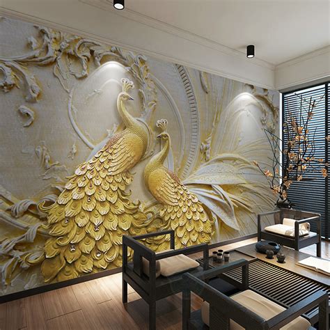 Custom Mural Wallpaper For Walls 3D Stereoscopic Embossed Golden Peacock Background Wall ...