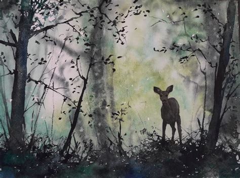 a painting of a deer in the woods