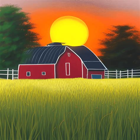 Farm House Field Sunset Painting · Creative Fabrica