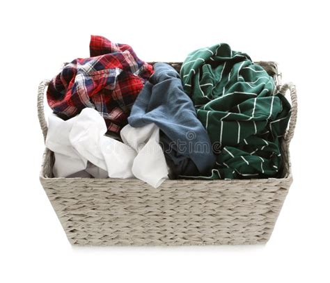 Wicker Laundry Basket Full Of Dirty Clothes On White Stock Photo - Image of dirty, background ...