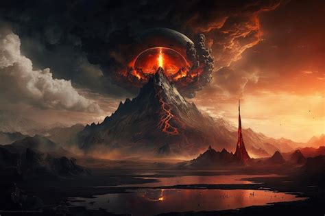 Premium Photo | Mordor landscape with smoking volcano in the background