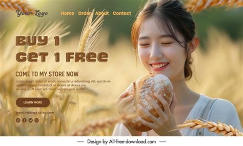 Bread store landing page template elegant girl wheat field Psd in editable .psd format free and ...