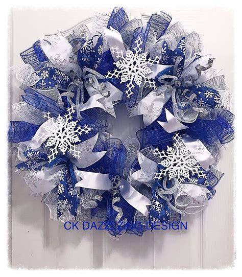 Winter Blue Snowflake Deco Mesh Wreath/Blue Snowflake Wreath/Christmas Blue Snowflake Wreath ...