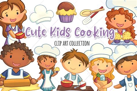 Cute Kids Cooking Clipart Set, Kawaii Kids Baking Clip Art, Kids Making Cupcakes, Kids With Food ...