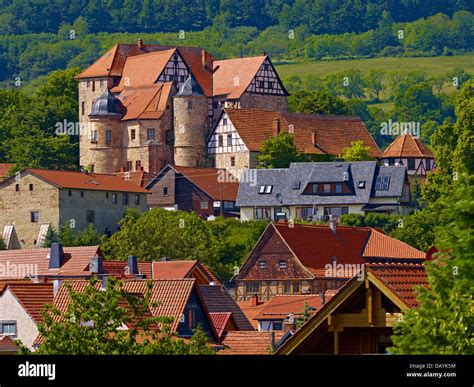 Castle in Kuehndorf at the foot of Dolmar mountain, Thuringia, Germany ...