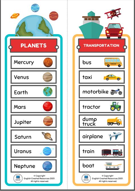 Vocabulary Charts For Kids - English Created Resources