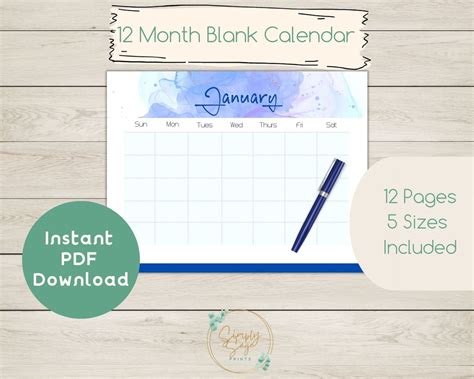 PRINTABLE Calendar 12 Month Simple Printable Calendar, Digital Download ...