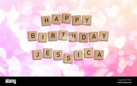 Happy Birthday Jessica card with wooden tiles text. Girls birthday card in rainbow colors. This ...