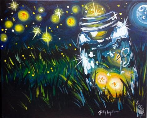 a painting of a jar with fireflies in it