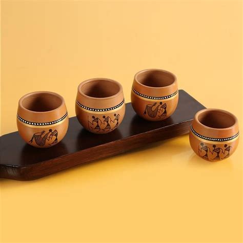 Terracotta Warli Art Painted Kulhad Tea Cup Set of 4 | Etsy in 2020 | Pottery painting designs ...