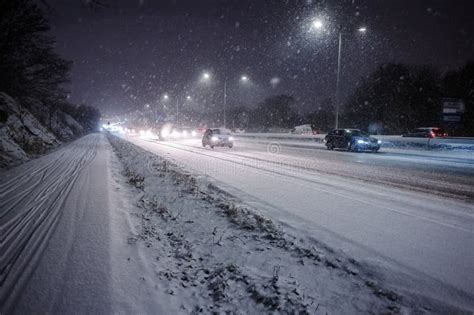 Cars Driving on a Highway in Heavy Snow at Night.. Editorial Photo - Image of highway, mountain ...