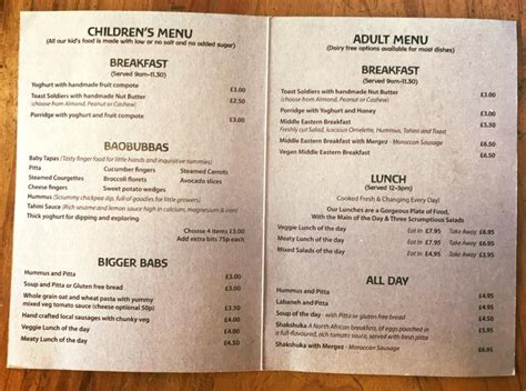 Menu at Baobab Cafe, Crediton