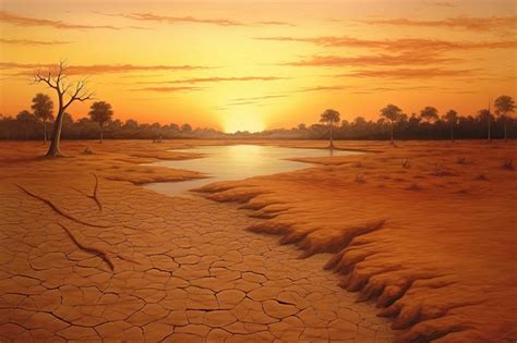 Premium AI Image | Dry land at sunset representing drought and lack of ...